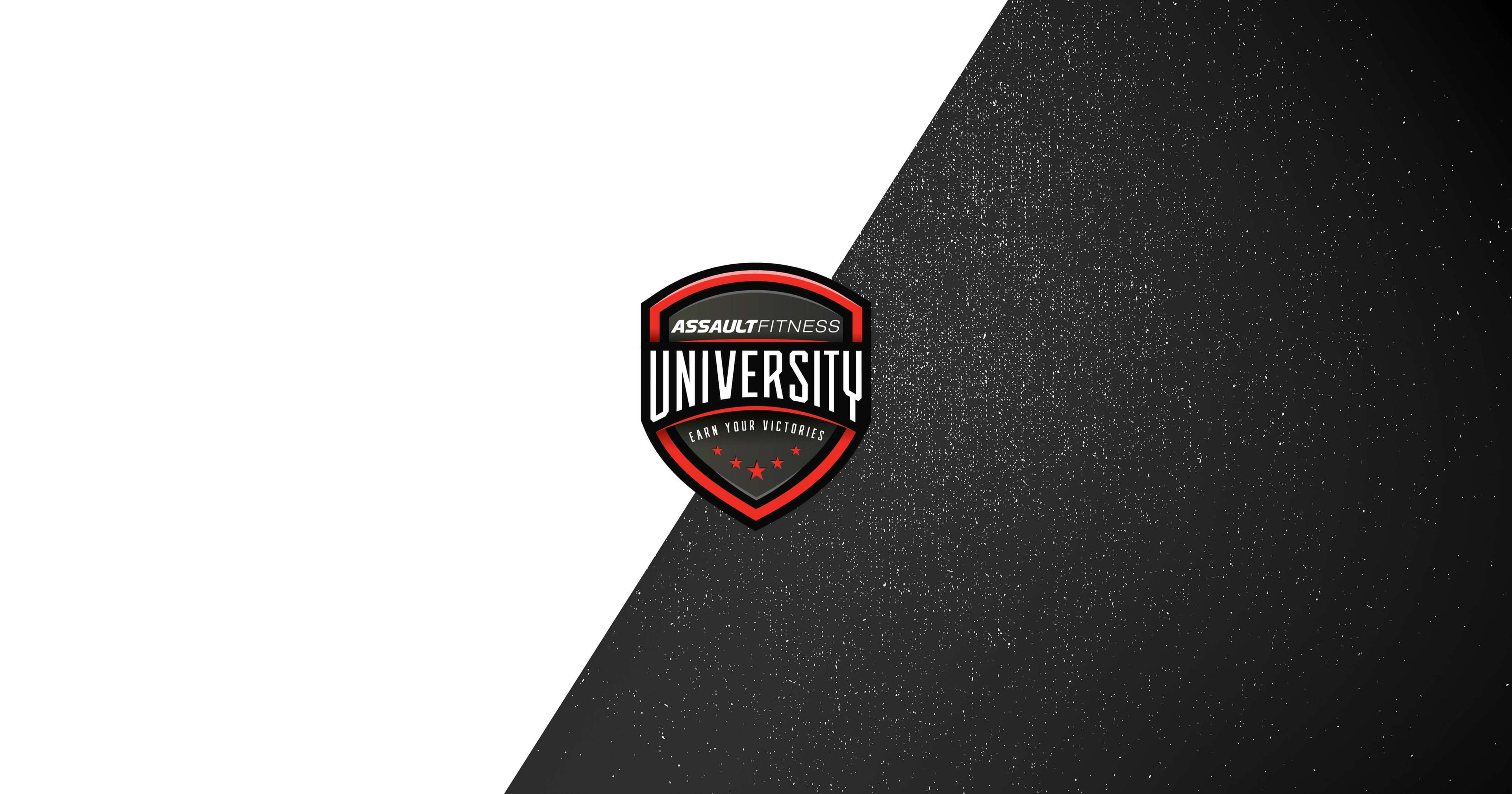 Hero image displaying the Assault Fitness University Earn Your Victories shield and starts logo on a black and white diagonal split background